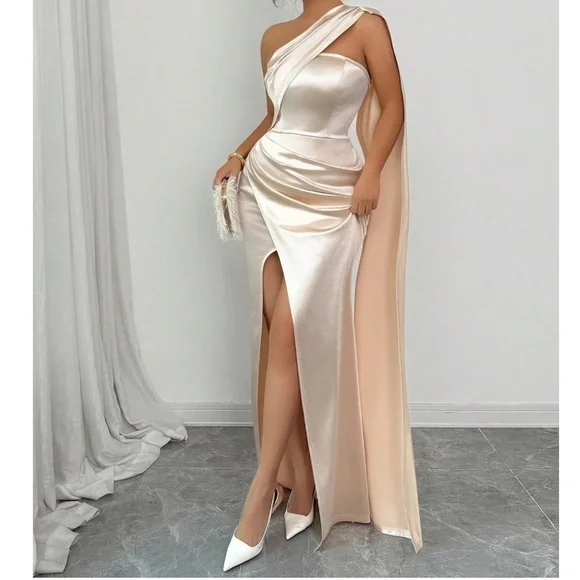 Luxe Satin One Shoulder Ruched Split Thigh Fitted Drape Party Floral Evening Wed - Picture 6 of 6